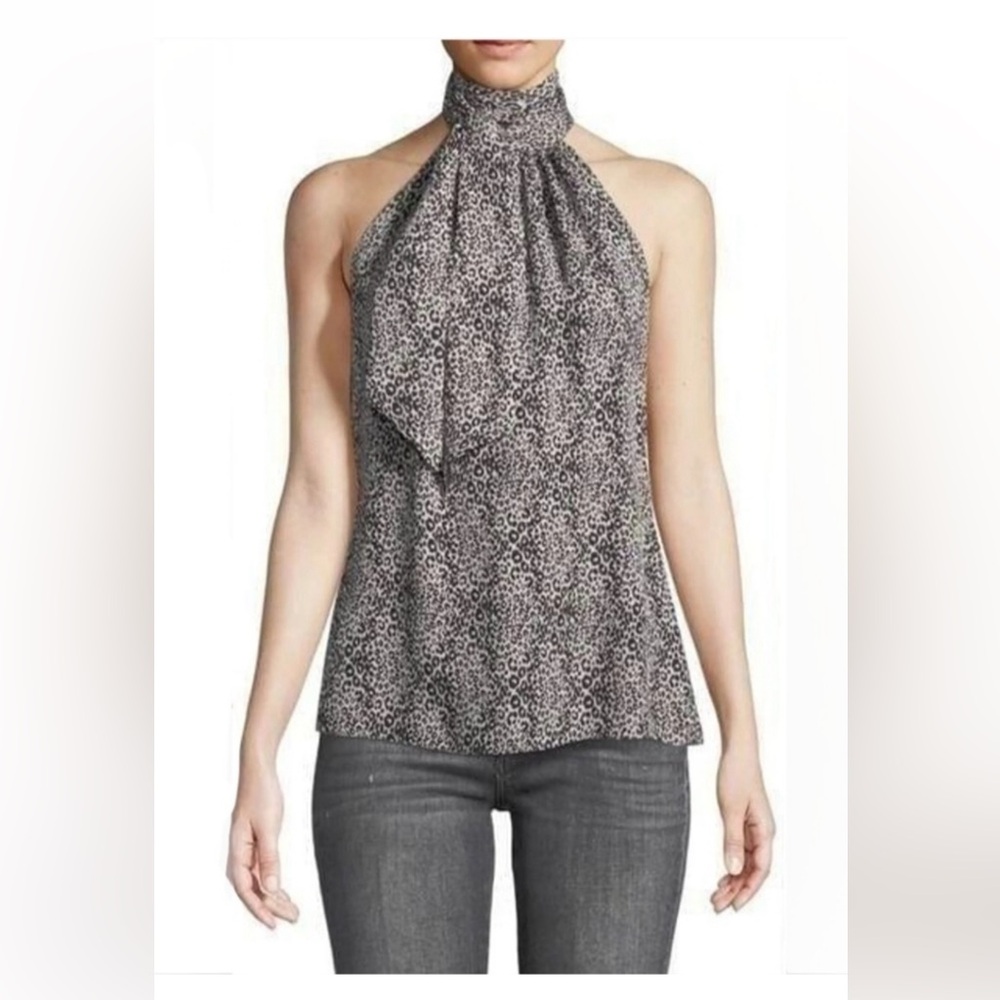 Ramy Brook Calla Halter Tie Top Small Leopard animal black Gray Brown silk